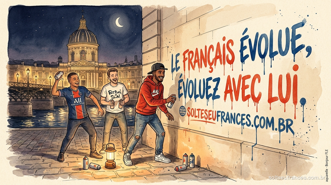 Zaïf et ses potes taguent 'Le français évolue, évoluez avec lui' sur le mur de l'Académie française à Paris