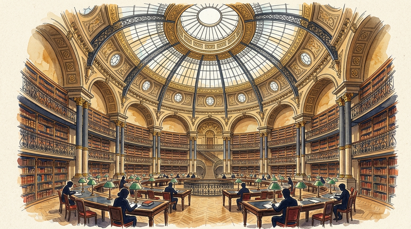 Aquarelle — l'intérieur de la Salle Ovale de la BnF Richelieu, sa coupole vitrée et ses hautes bibliothèques