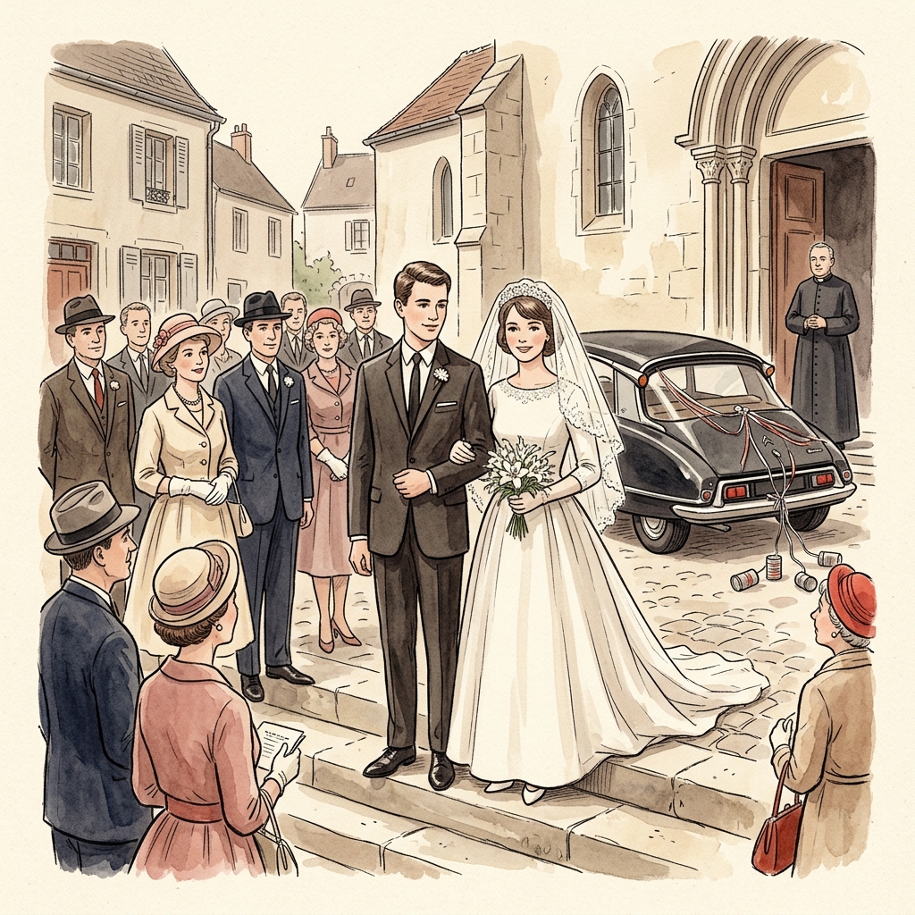 Aquarelle — mariage à l'église en 1962