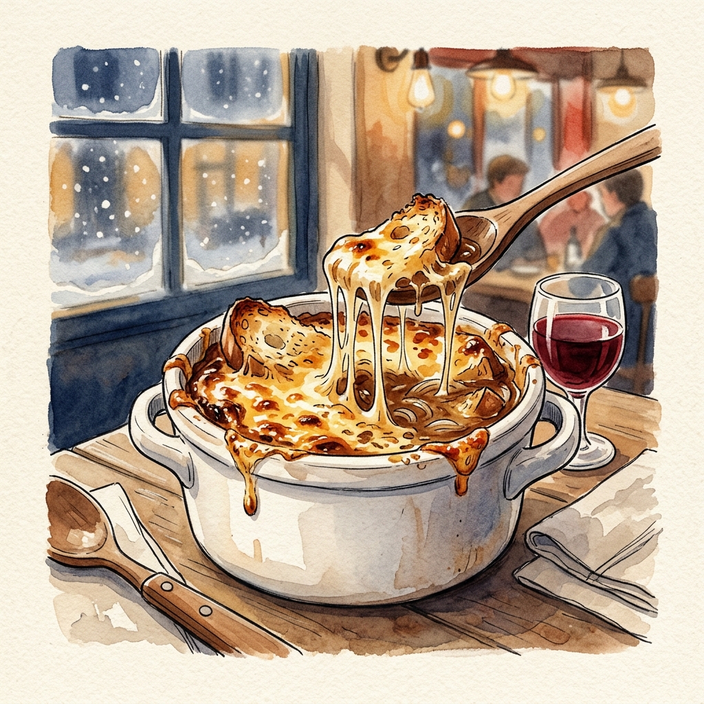 Aquarelle — la soupe à l'oignon de Lulu