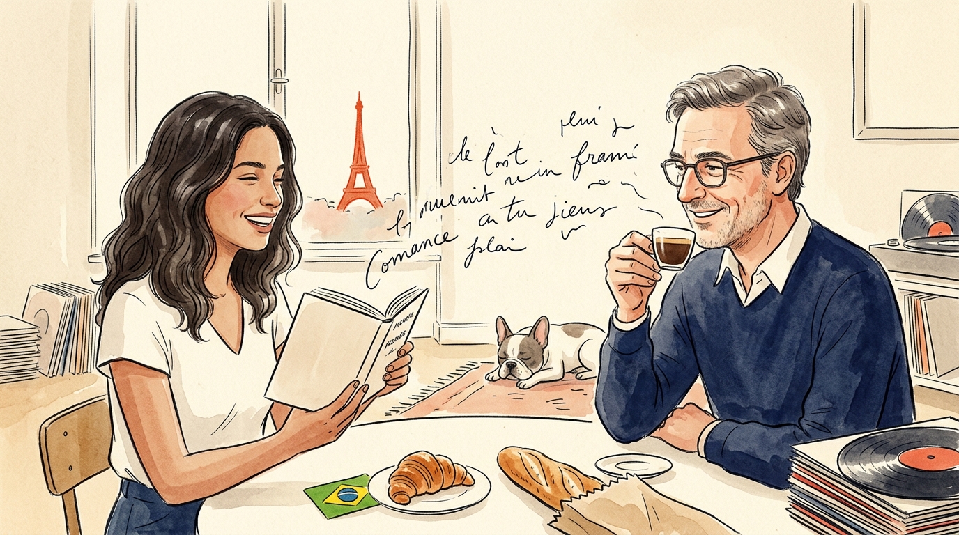 Uma leitora brasileira e um professor francês compartilhando um momento de leitura e café — comunidade Solte seu francês
