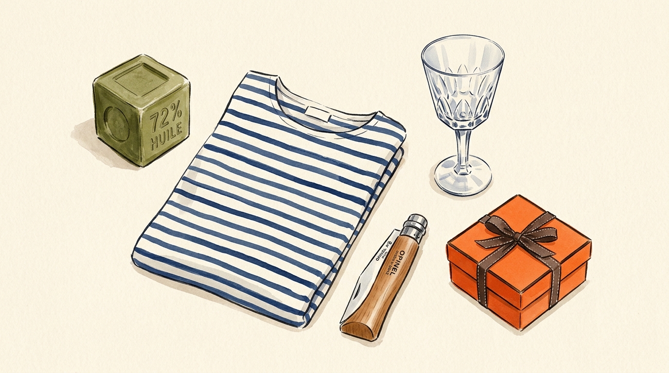 Aquarelle — objets emblématiques français (Marseille, marinière, Opinel, Baccarat, Hermès)