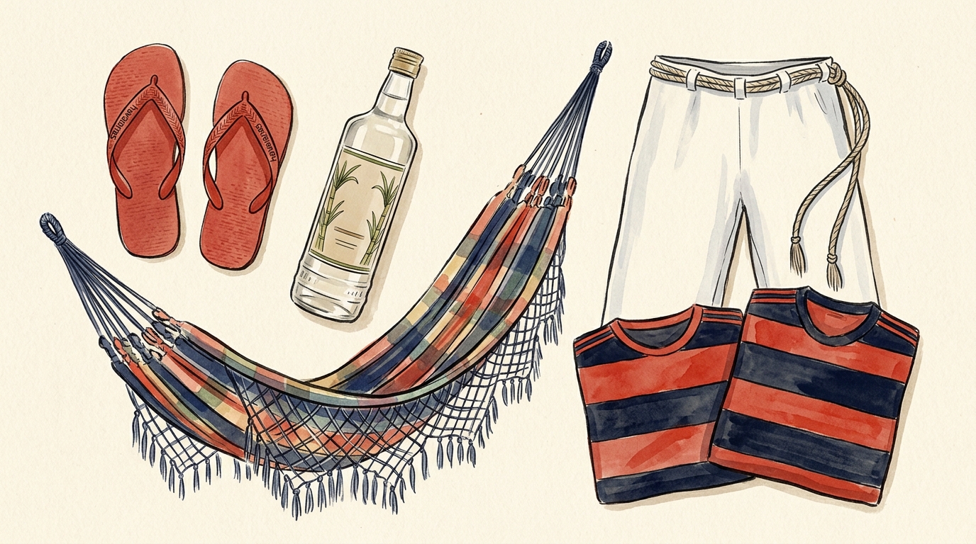 Aquarelle — objets emblématiques brésiliens (Havaianas, cachaça, hamac, capoeira, Flamengo)