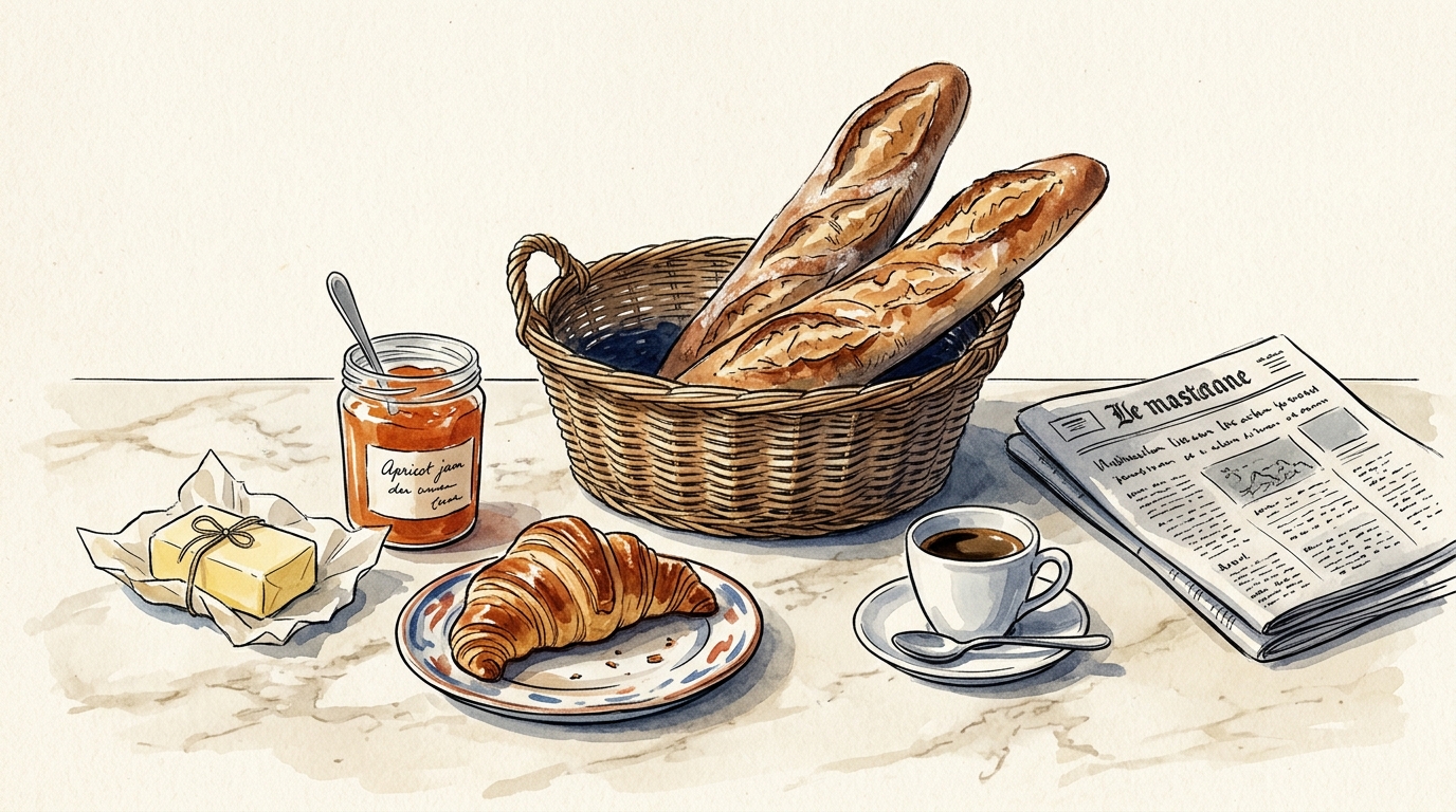 Aquarelle — étal de boulangerie française, baguettes en panier, croissants, tartines