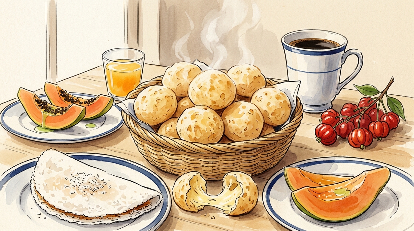 Aquarelle — café da manhã brésilien, pães de queijo, tapioca, papaya, café