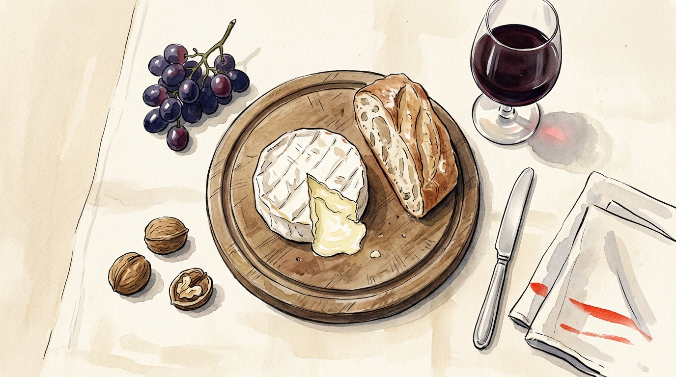 Aquarelle — plateau de fromages français, camembert, baguette, vin, raisin