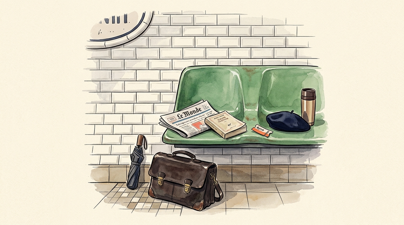 Aquarelle — quai de métro parisien : carrelage blanc bombé, banc plastique, ticket, journal, plan
