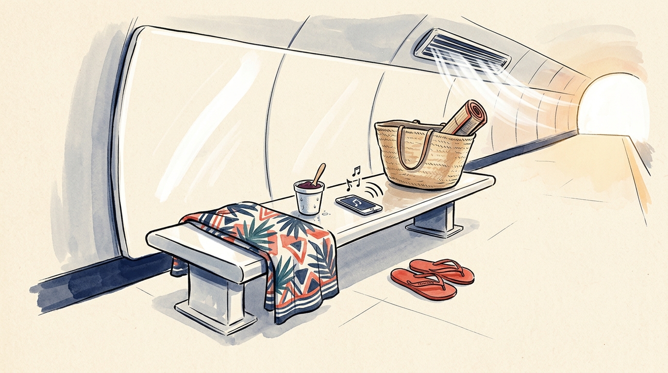 Aquarelle — quai de metrô carioca : climatisation, tongs, sac de plage, açaí, cellulaire