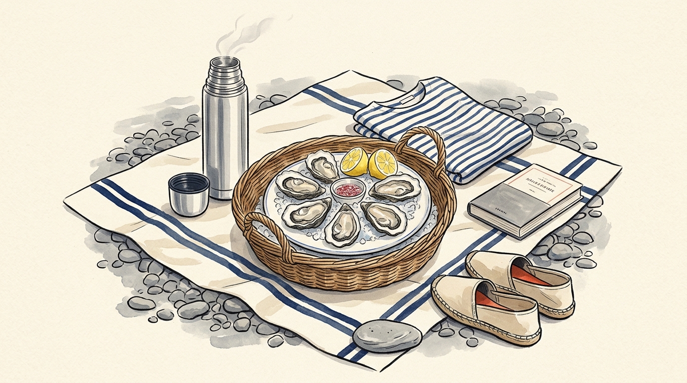 Aquarelle — plage normande à Deauville : galets, cabines, huîtres, thermos, marinière