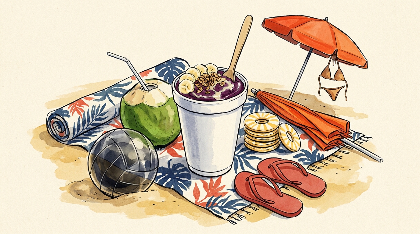 Aquarelle — plage d'Ipanema : açaí, água de coco, futevôlei, canga, biscoito Globo