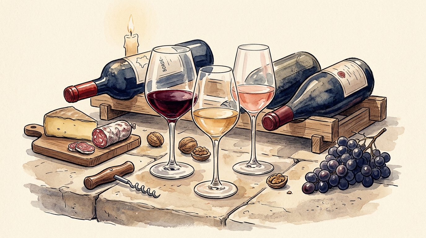 Aquarelle — cave française : bouteilles, tirebouchon, verres, fromages