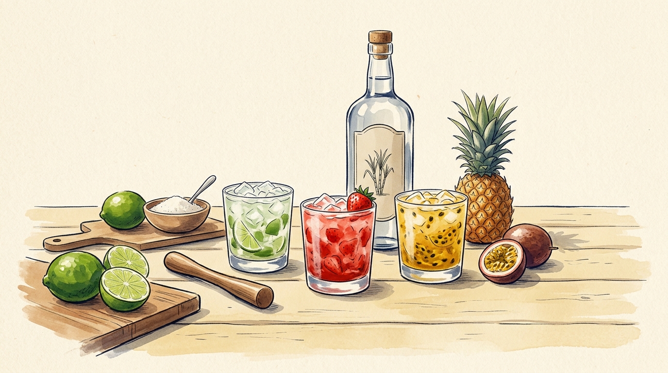 Aquarelle — table de bar brésilien : caipirinhas, cachaça artisanale, citrons verts, ananas