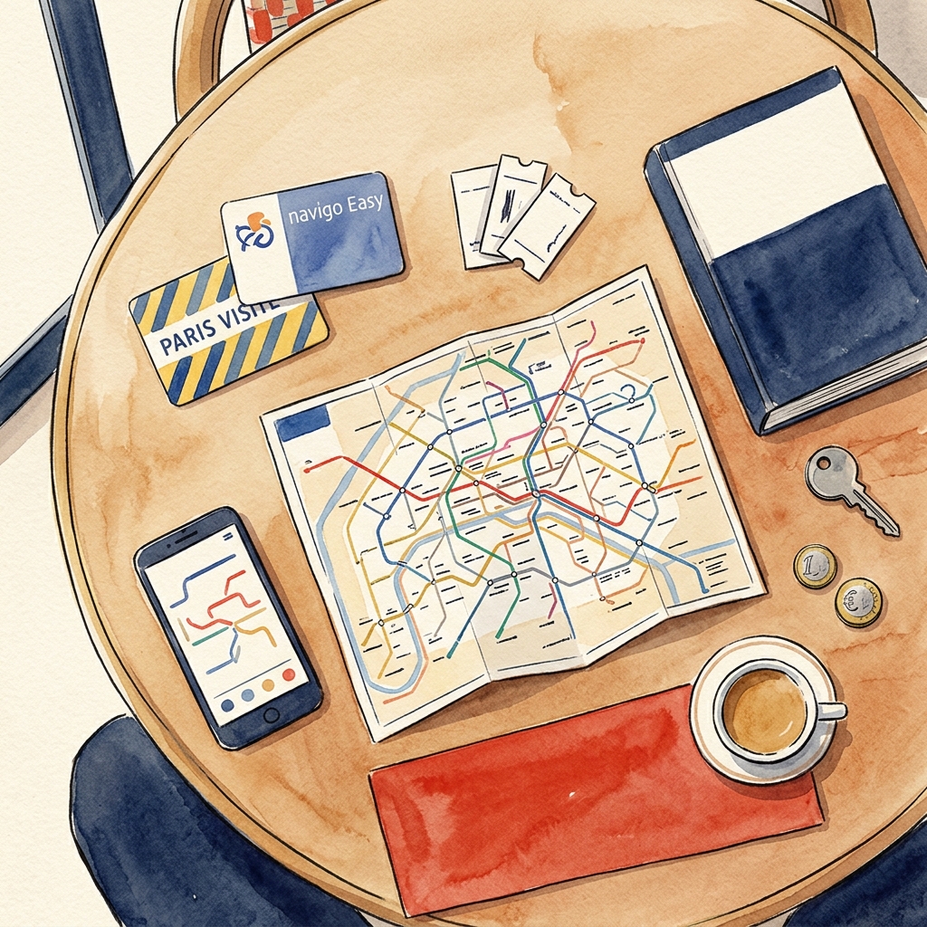 Aquarelle — flat-lay des tickets de Paris