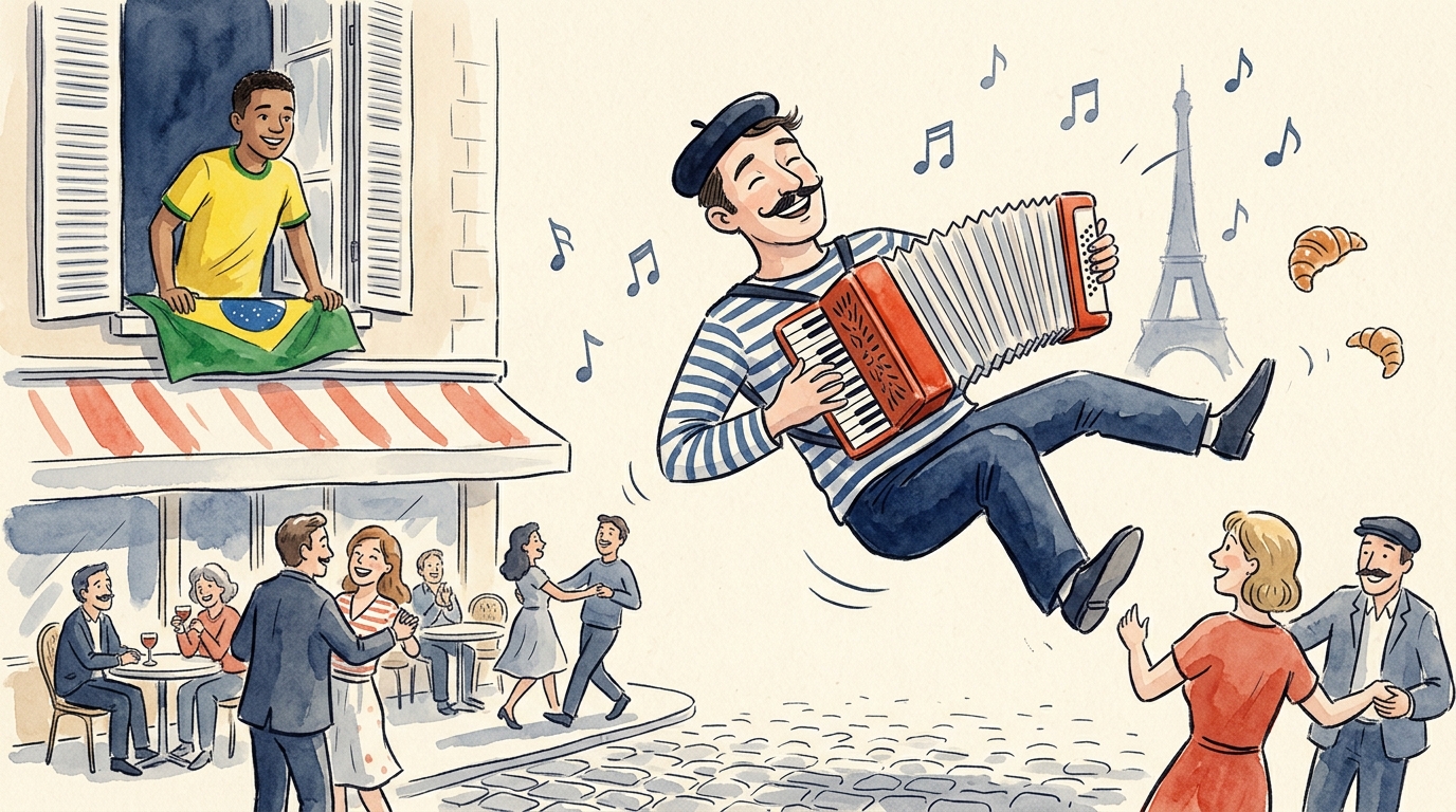 Aquarelle — Le Français volant joue de l'accordéon